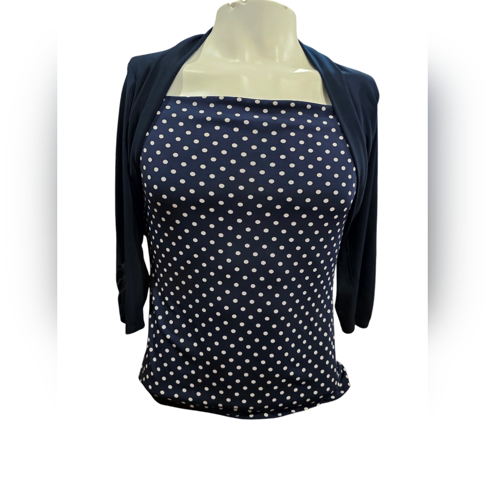 Women's Studio Y Navy Blue With‎ White Polka Dot Top Size Large